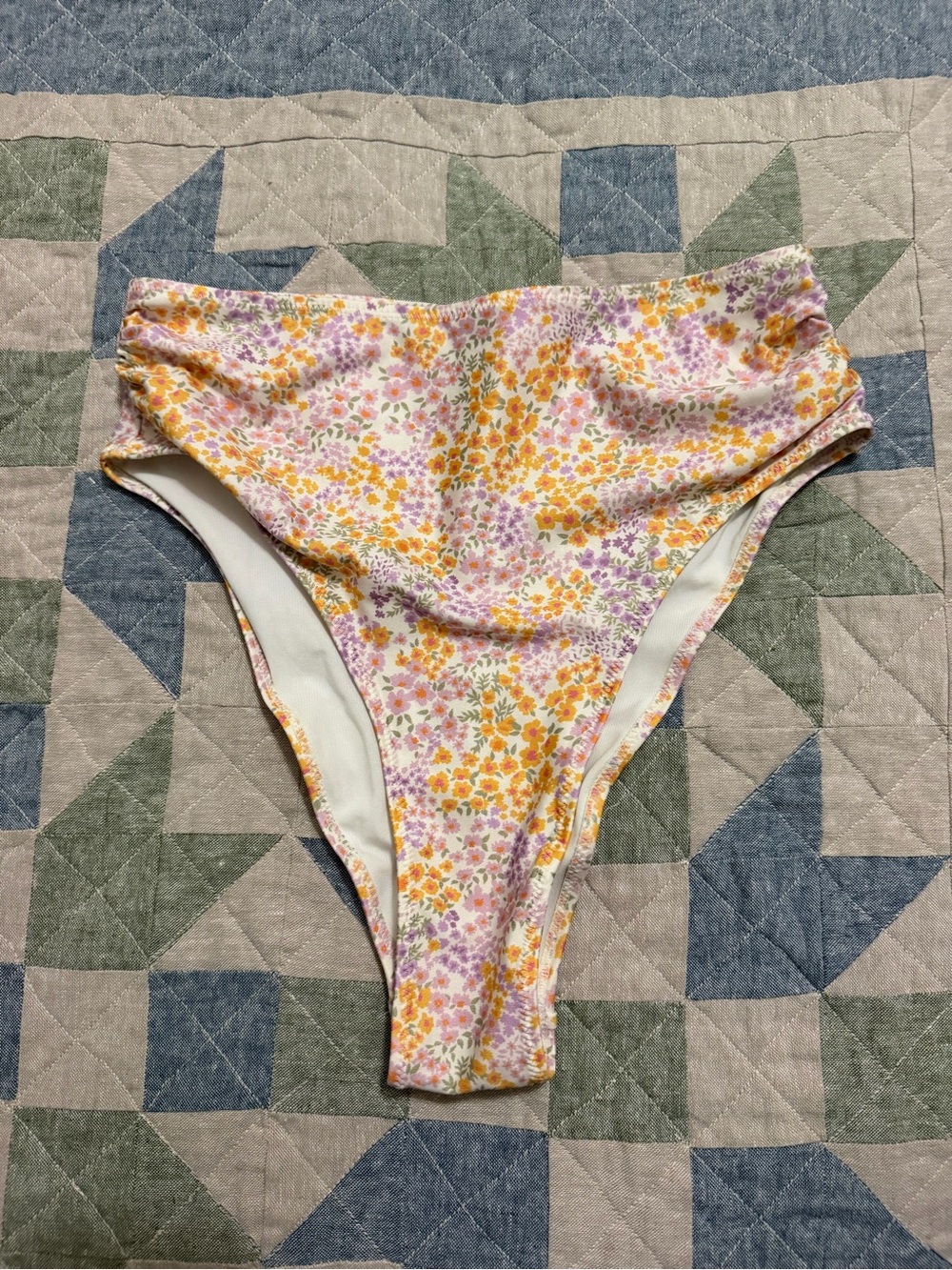 H&M Floral High-Cut Bikini Bottoms - White with Yellow & Purple Flowers